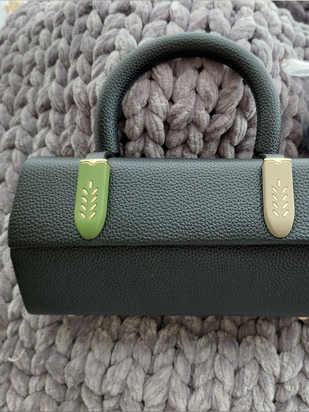 Black Textured Mini Top-Handle Bag with Gold Accents